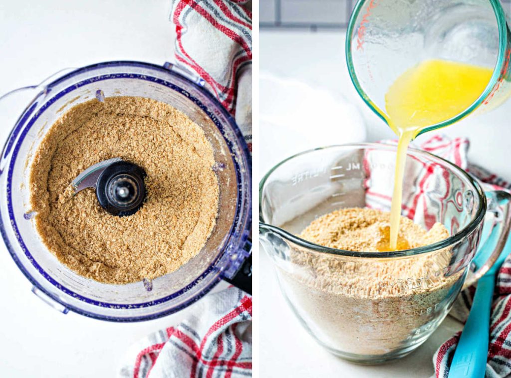 graham cracker crumbs in a food processor; pouring butter int a bowl of graham cracker crumbs.