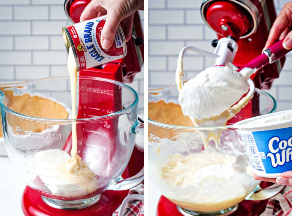 adding a can of sweetened condensed milk and cool whip into the bowl of a stand mixer.