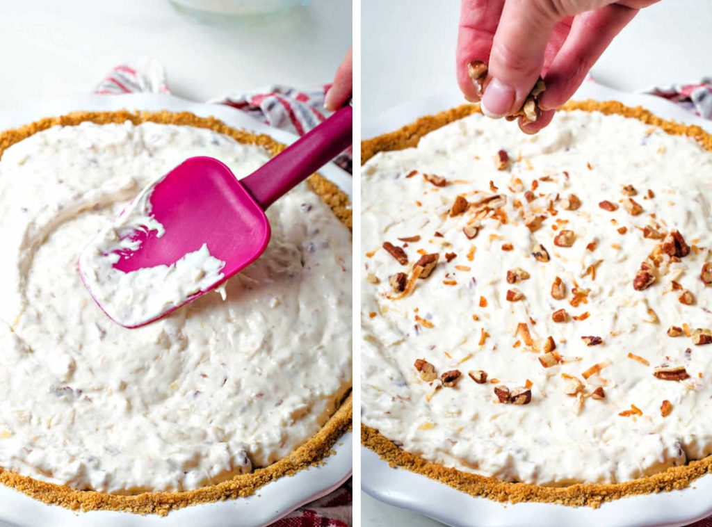 smoothing million dollar pie into a graham cracker crust with a spatula.
