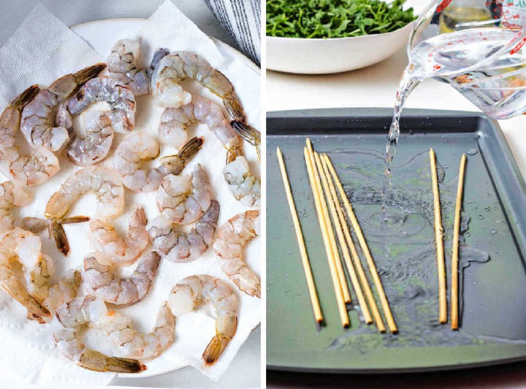 deveined shrimp on a paper towel lined plate; pouring water into a pan with bamboo skewers.
