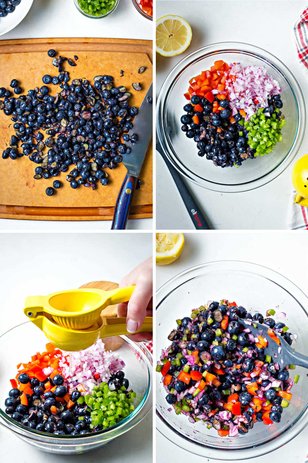 process steps for making blueberry salsa: roughly chop blueberries on a cutting board; mix with other ingredients; squeeze in lemon juice and stir.