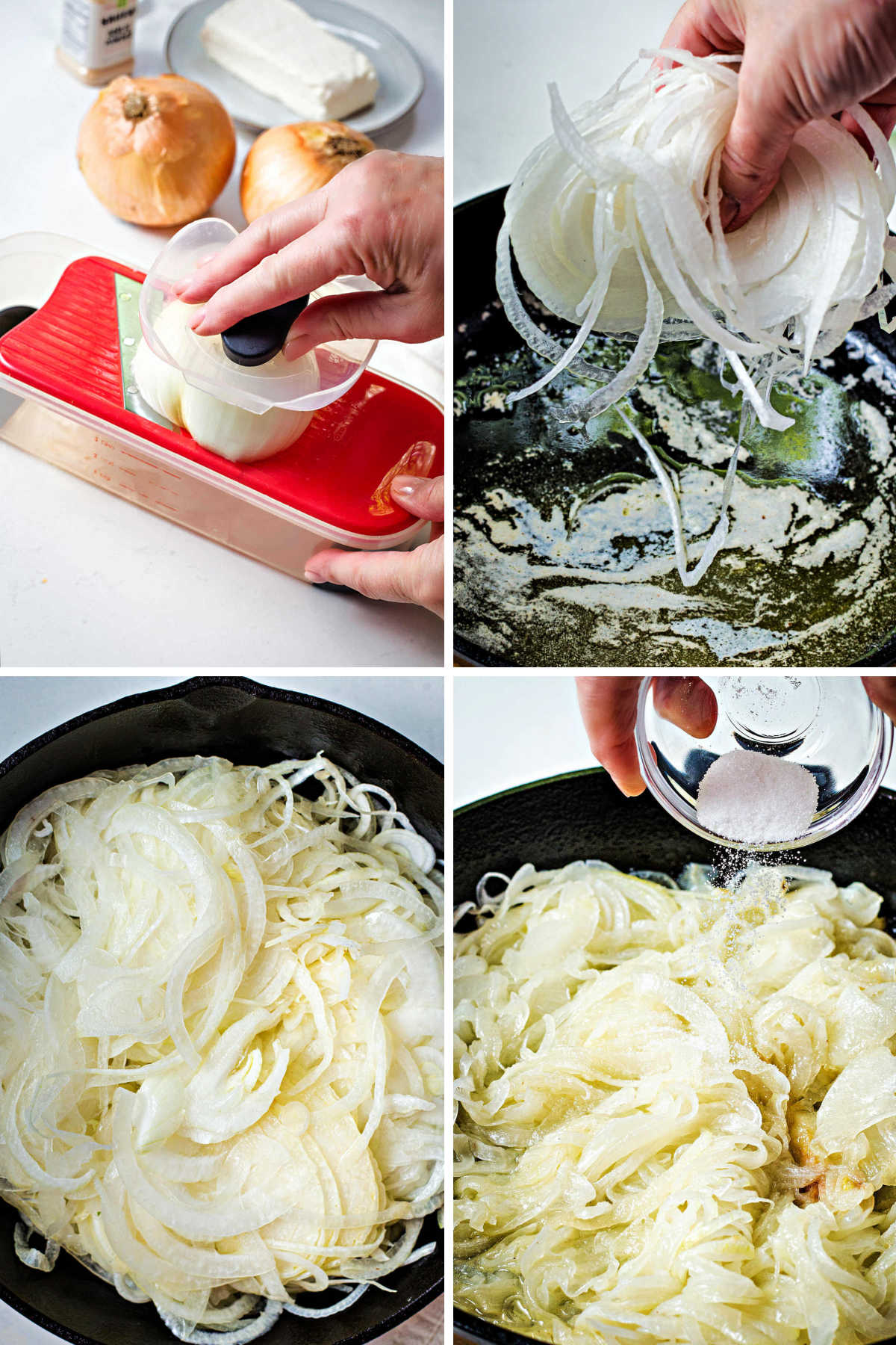 process steps for making caramelized onion dip: slide onions with mandoline; add onions to skillet with butter; sprinkle sugar on onions.