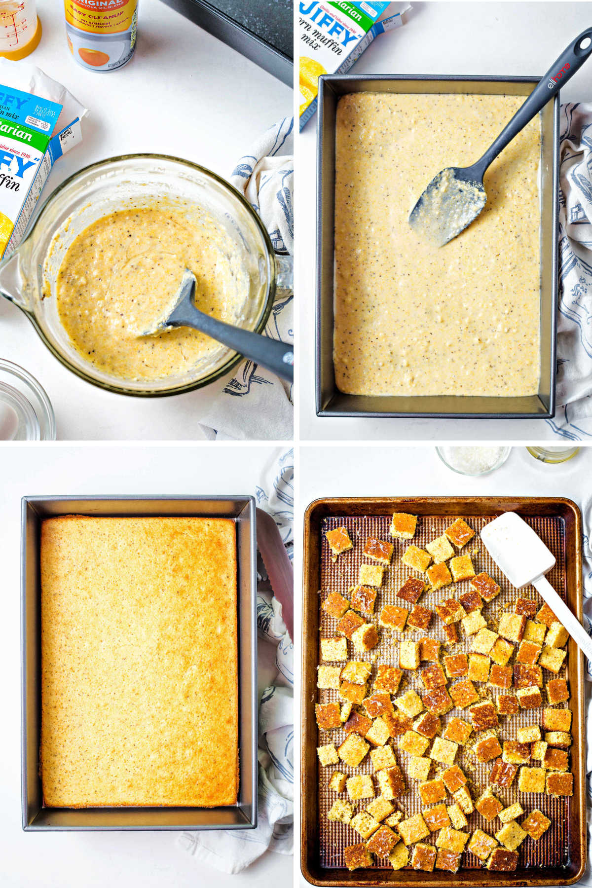 process steps for making parmesan cornbread croutons: mix up batter; spread in pan; bake; cut into squares.