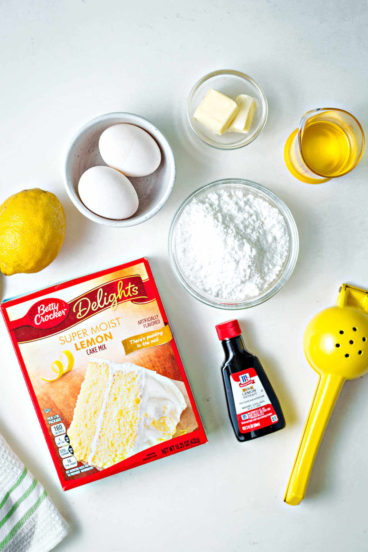 ingredients for lemon cake mix cookies on a table.