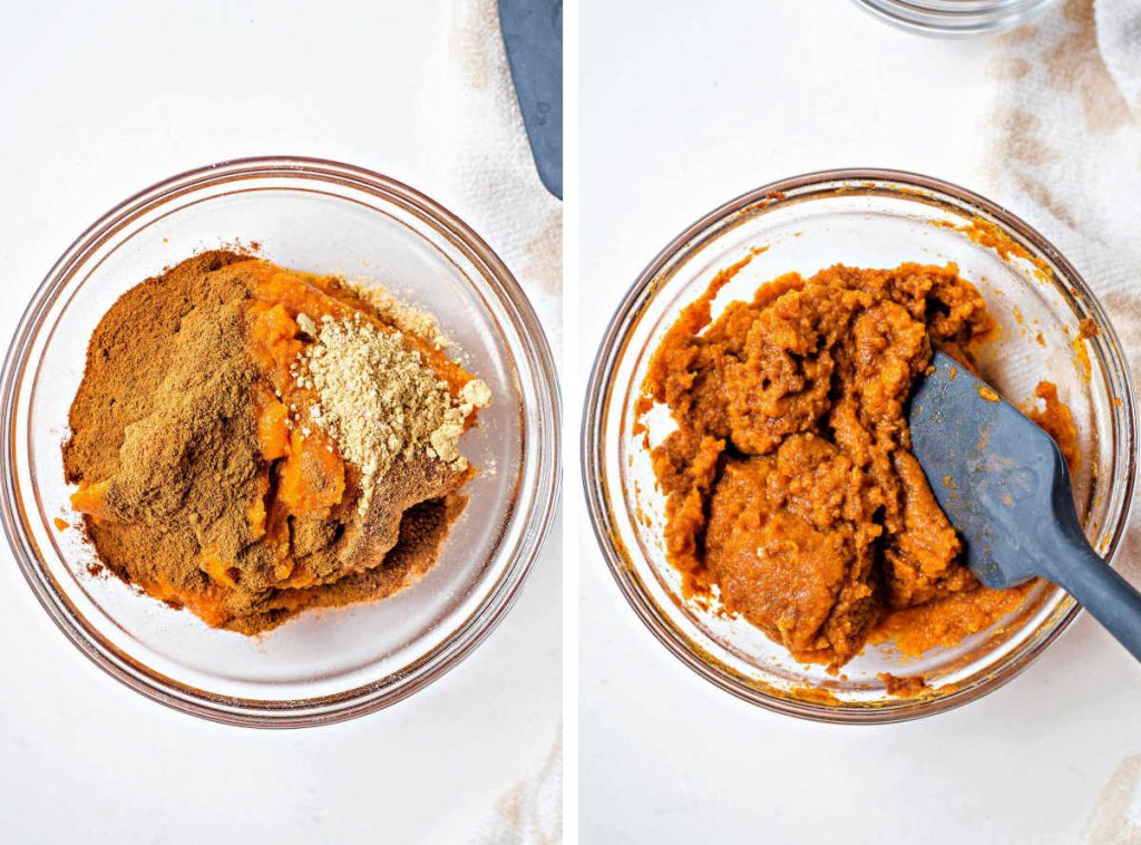 stirring spices into a bowl of pumpkin puree.