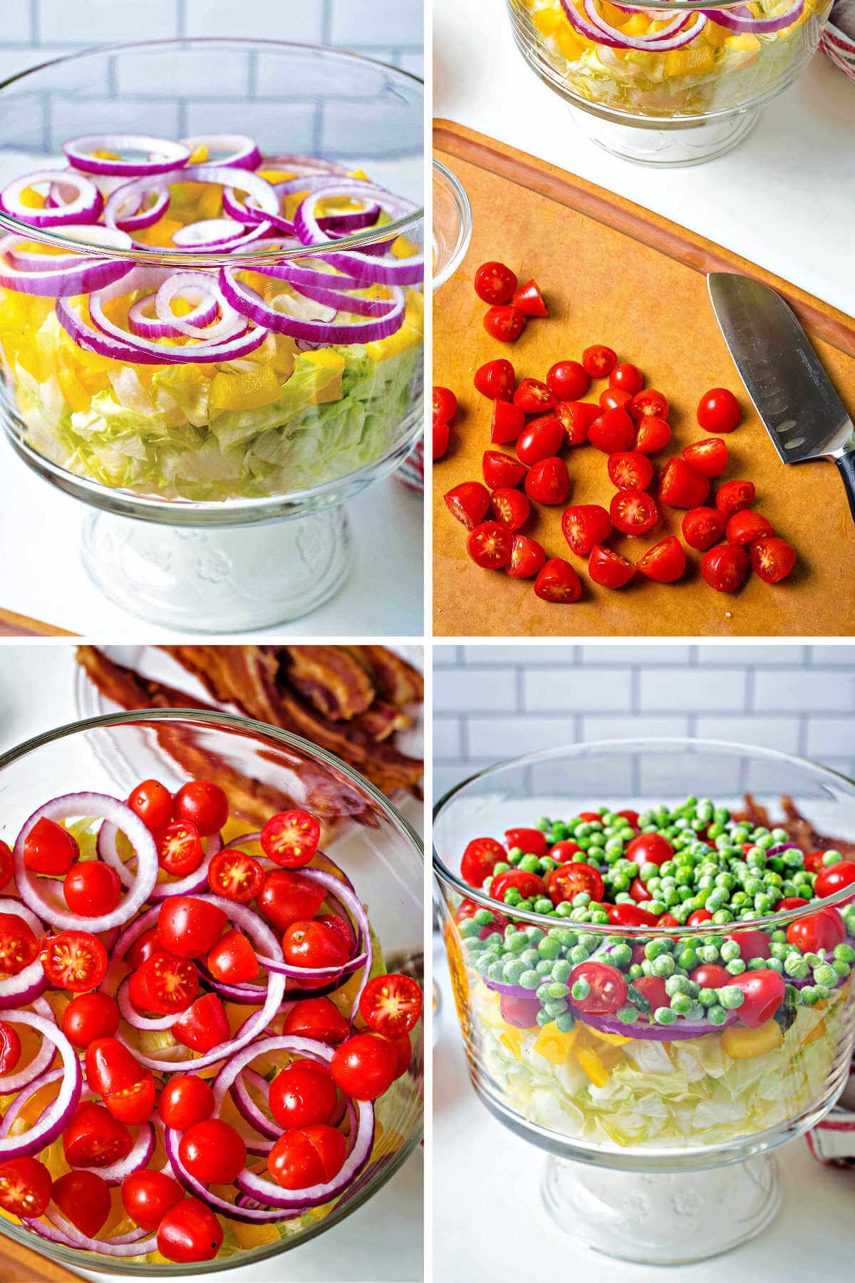 layering ingredients in a glass trifle bowl for 7 layer salad.
