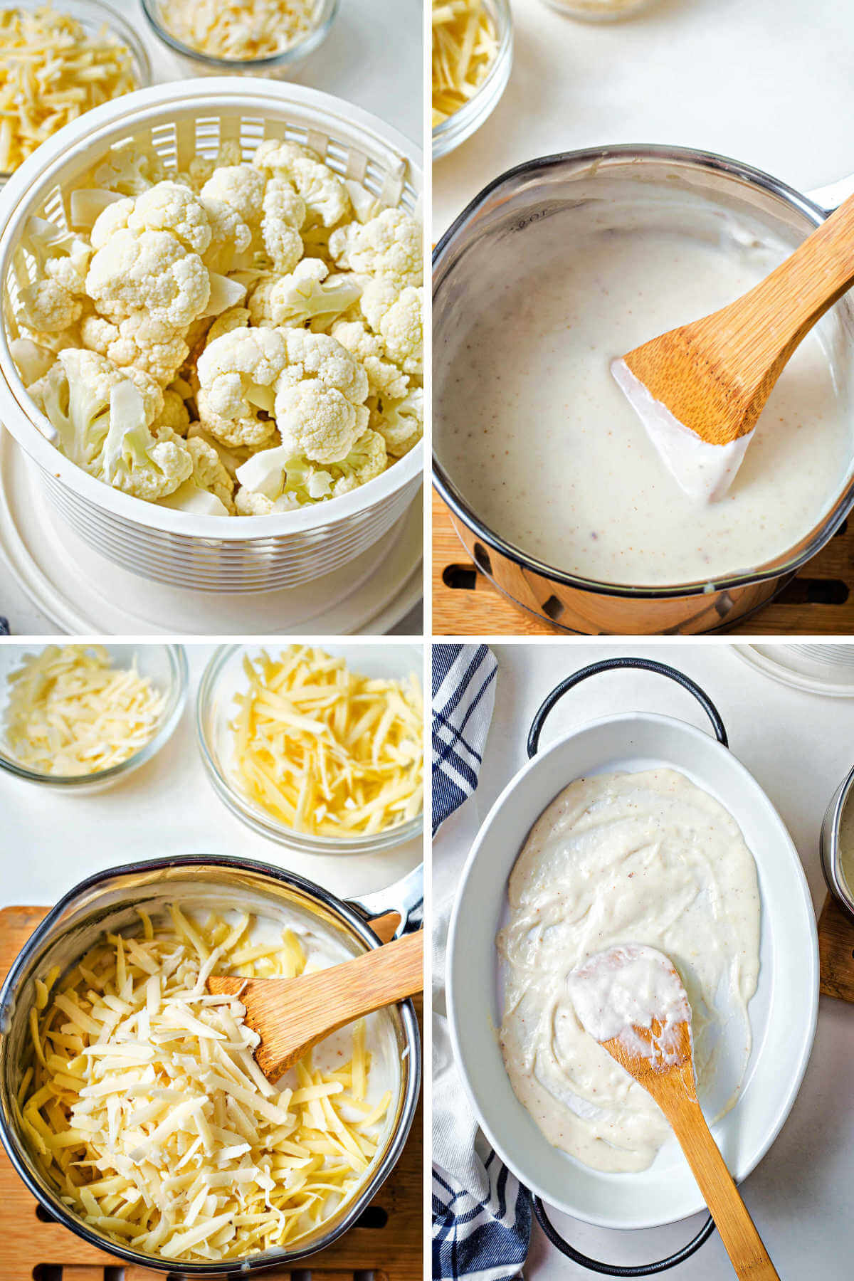 process steps for preparing cauliflower gratin: steam cauliflower florets; make white sauce; stir in cheeses.