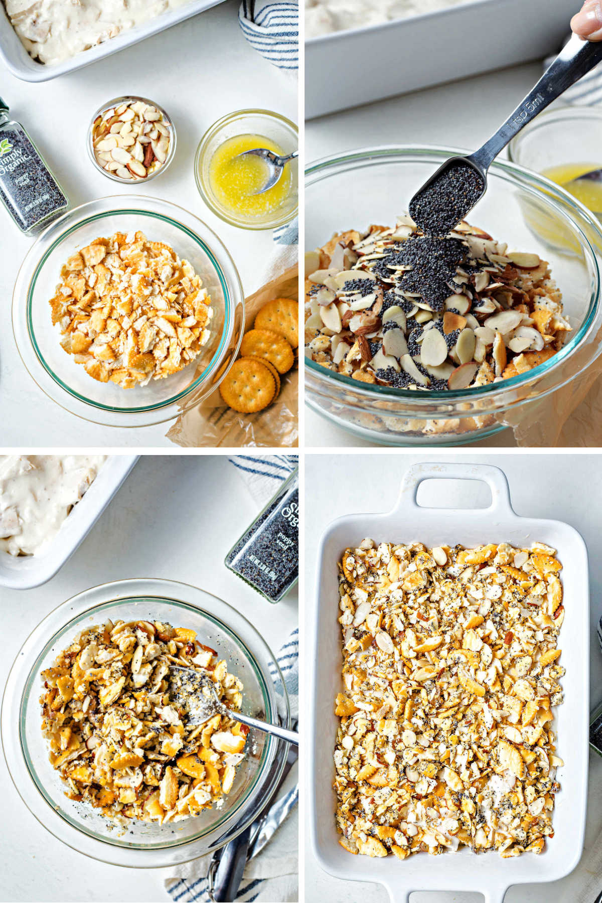 process steps for making crumb topping for chicken poppy seed casserole: stir together cracker crumbs, almonds, and poppy seeds.