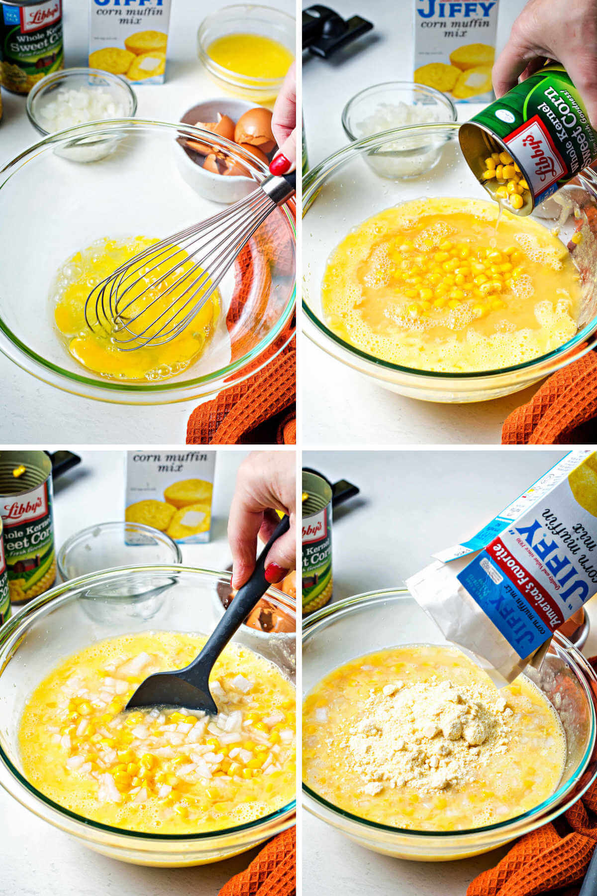 process steps for making corn pudding mixture: whisk eggs; add corn; stir in jiffy cornbread mix.