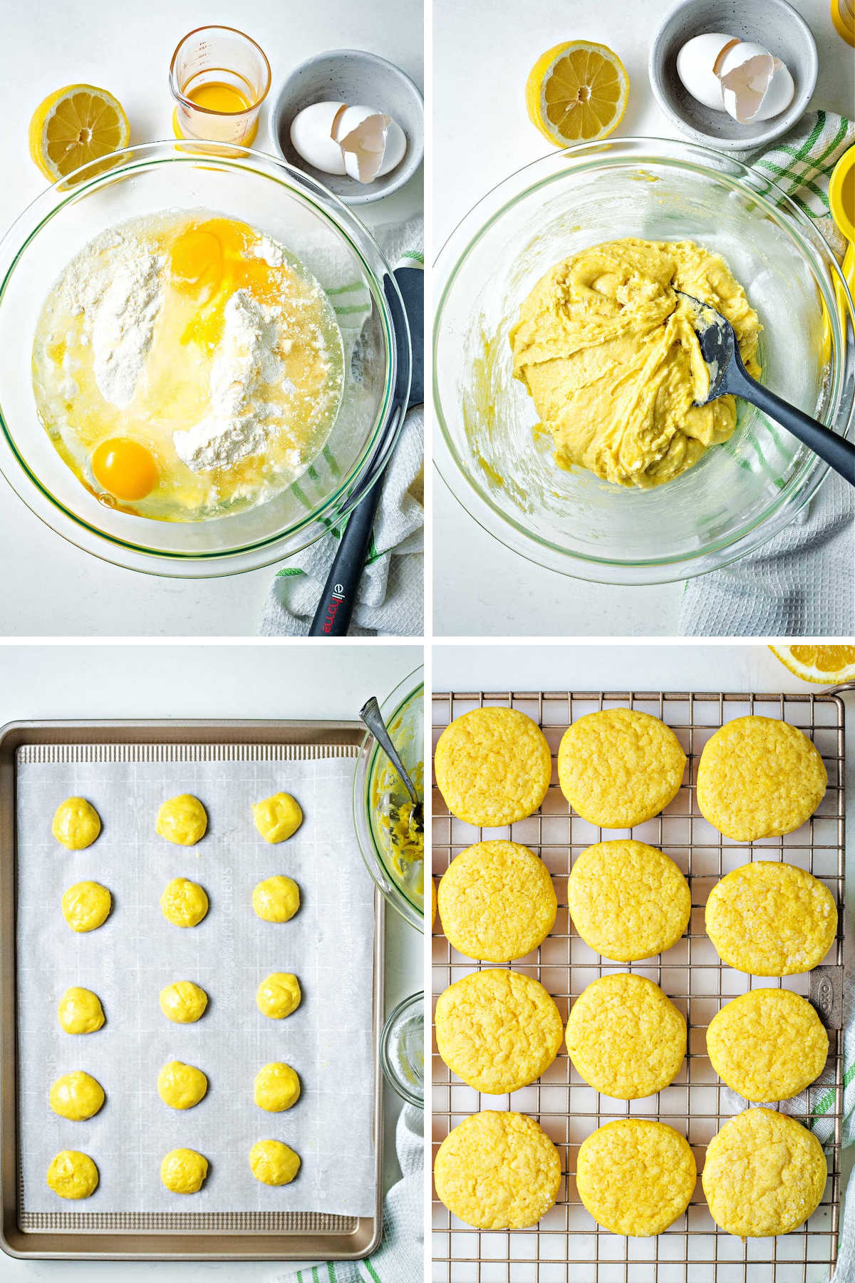 process steps for preparing lemon cake mix cookies; mix ingredients; roll into balls.