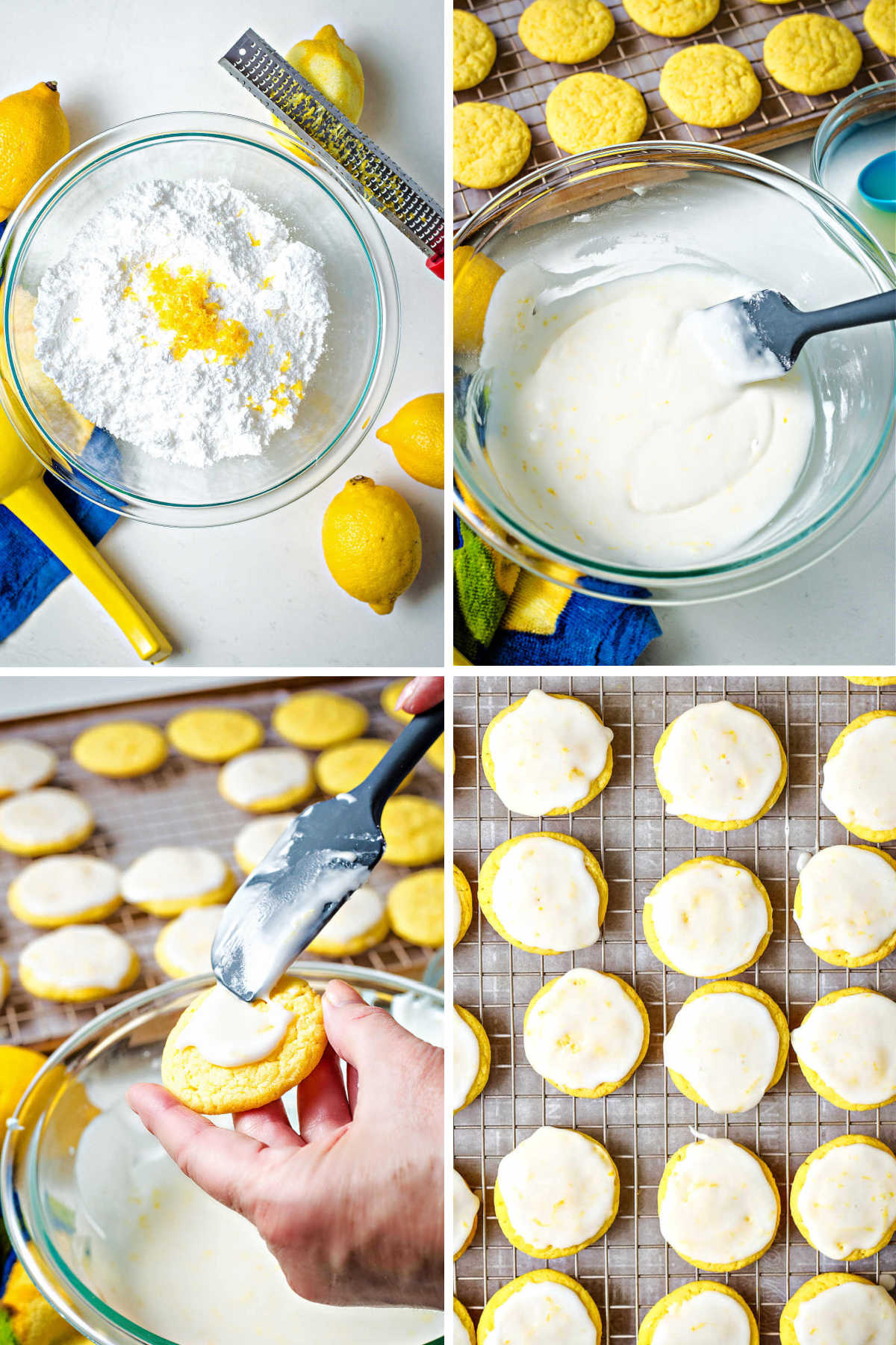process steps for making lemon glaze and spreading on cookies.