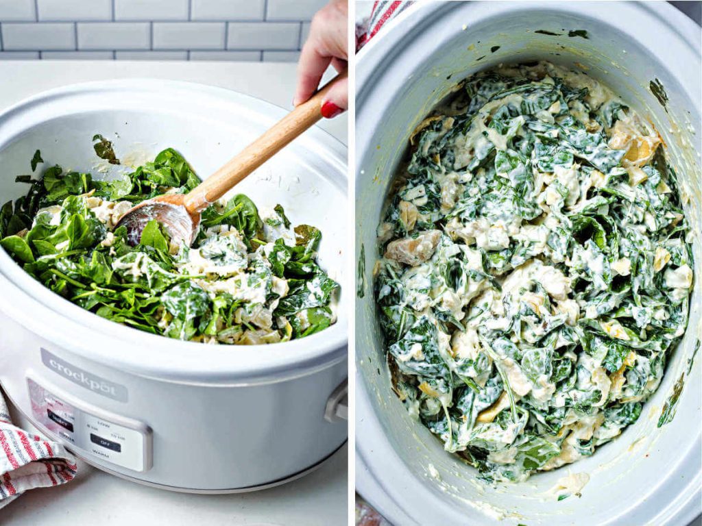 stirring spinach artichoke dip in a slow cooker midway through cooking.