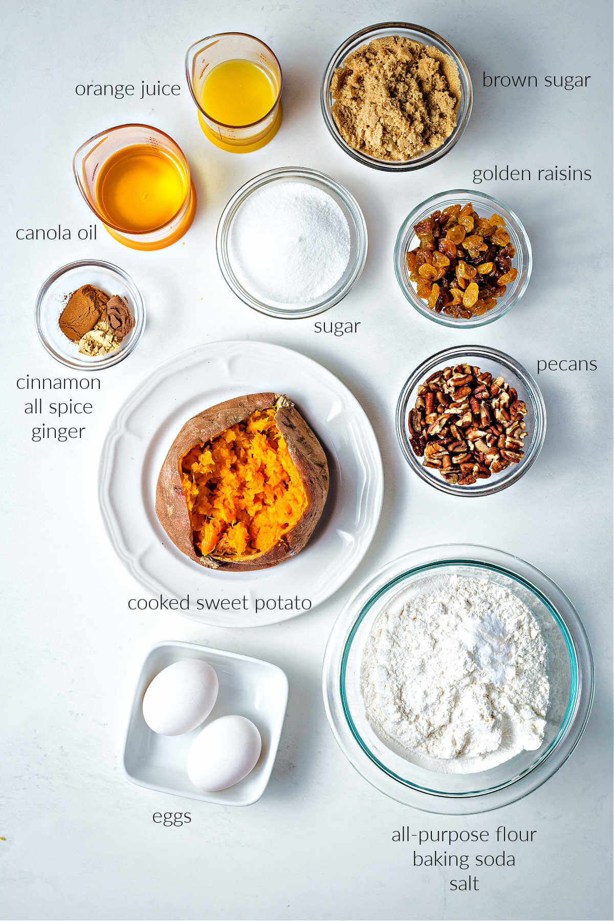 ingredients for sweet potato bread on a table.
