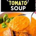 Homemade Tomato Soup in a bowl with cornbread croutons.