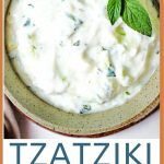 Tzatziki Sauce garnished with a sprig of mint.