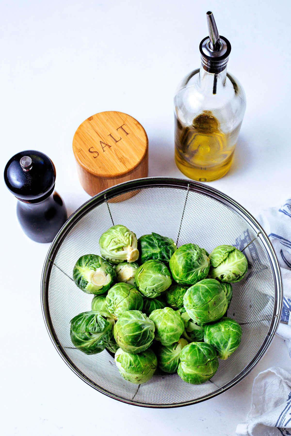 ingredients for air fryer brussels sprouts on a table.