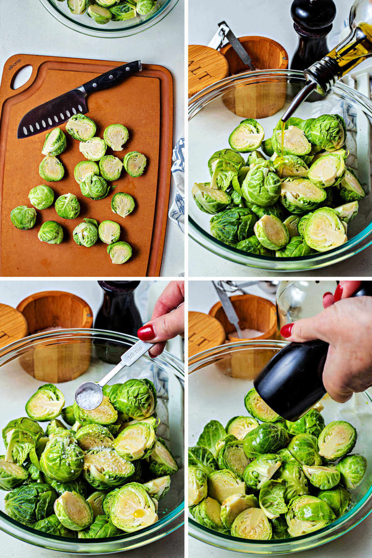process steps for prepping brussel sprouts for the air fryer.