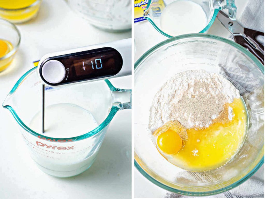 heating milk and adding ingredients to a bowl for dinner rolls.