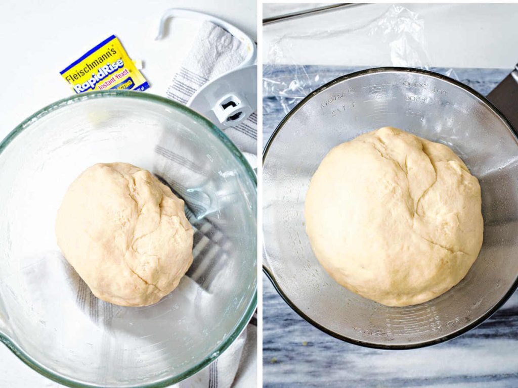 dough for dinner rolls rising in a greased bowl.