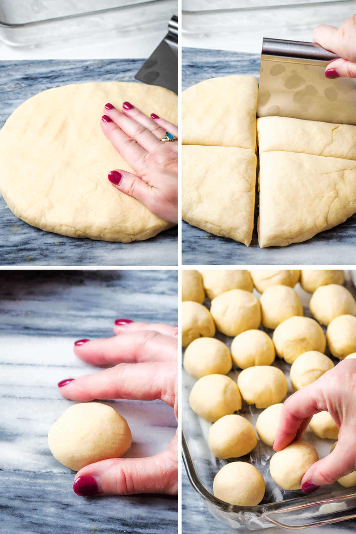 patting dough and rolling into balls for dinner rolls.
