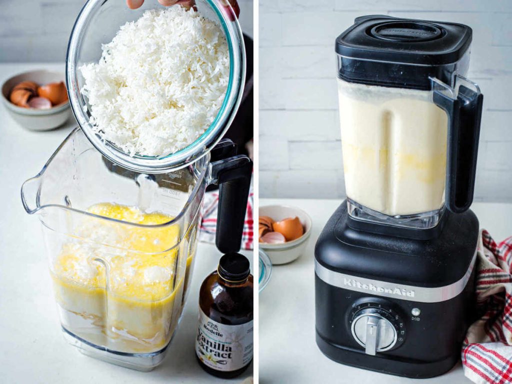 adding ingredients to a blender for impossible pie.