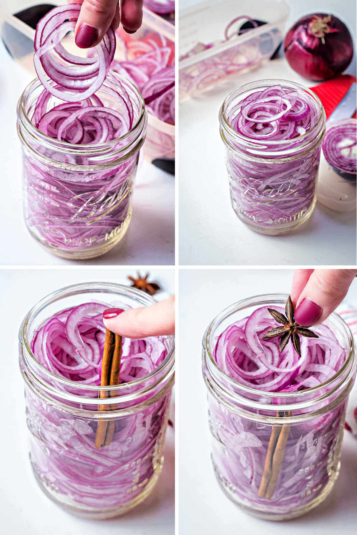 packing red onion slices into a mason jar with a stick of cinnamon and star anise.