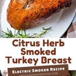 Citrus Herb Smoked Turkey Breast on a white platter.