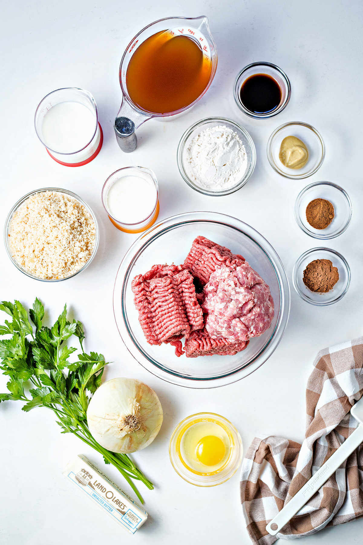 ingredients for Swedish meatballs on a table.