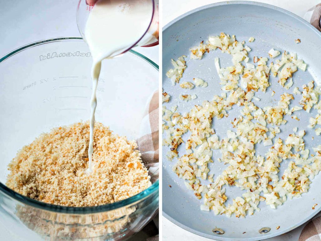 pouring milk over breadcrumbs in a bowl to soften.