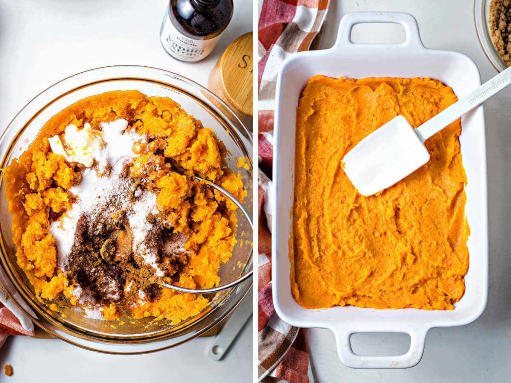 stirring together ingredients for sweet potato souffle and spreading it into a baking dish.