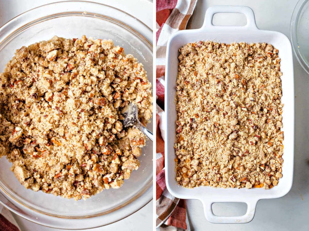 crumble topping for sweet potato souffle in a bowl.