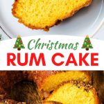 a slice of rum cake on a holiday plate.
