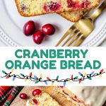 two slices of cranberry orange bread on a plate with a gold fork.