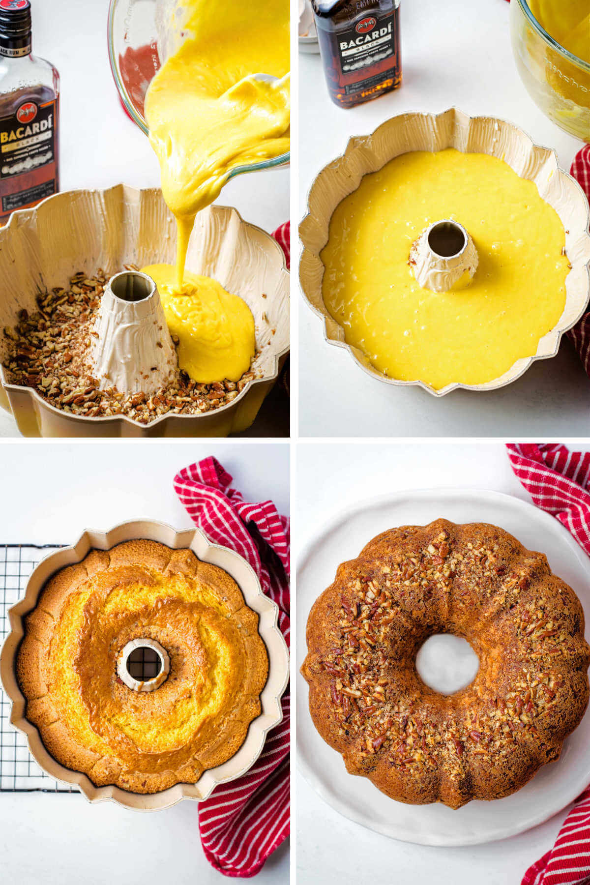 pouring cake batter on top of pecans in a bundt pan; cake cooling in pan on a wire rack.