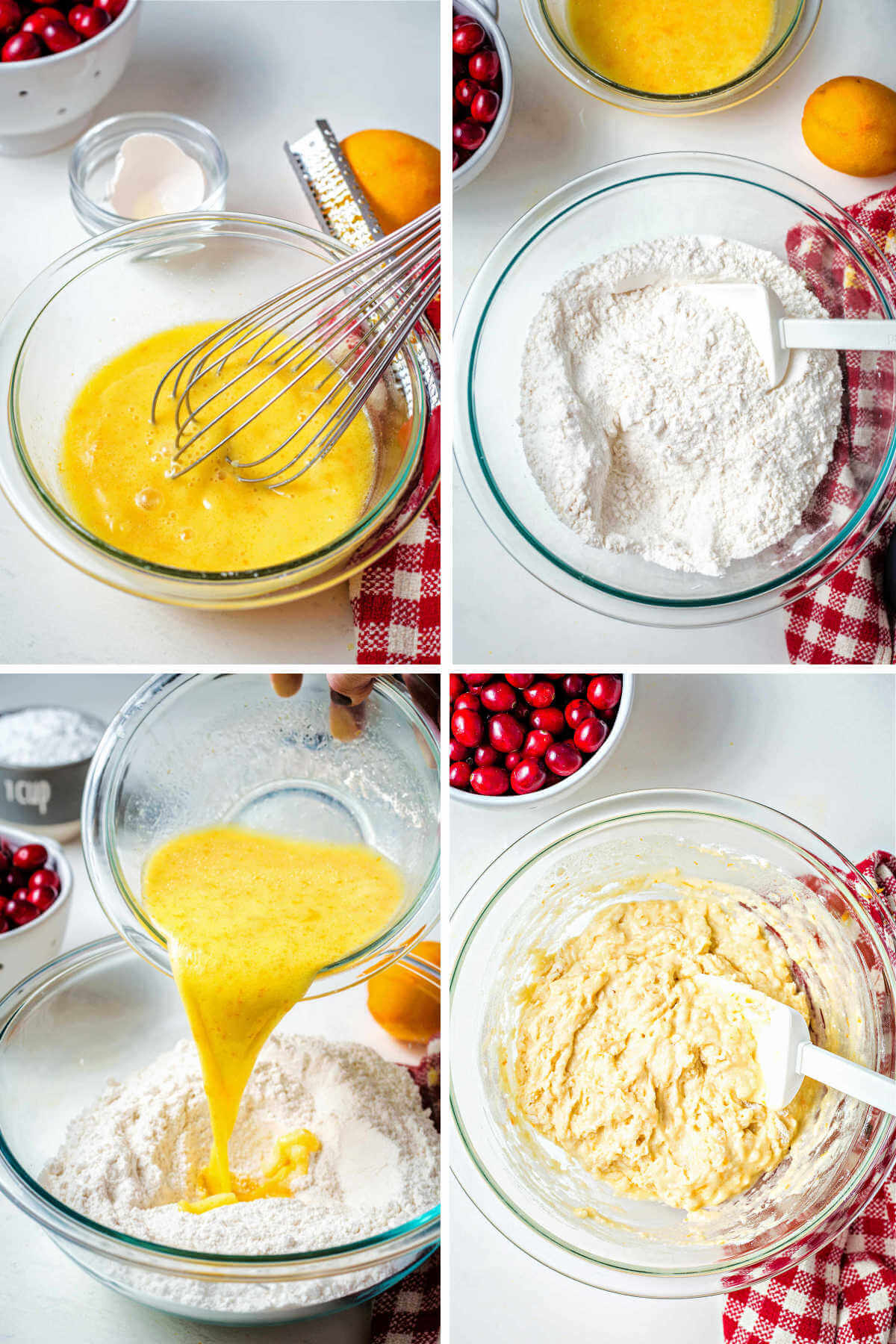 whisking together batter for cranberry orange bread in a glass bowl.