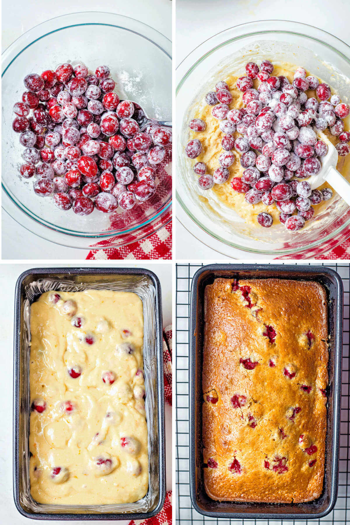 tossing cranberries with flour; adding to batter and pouring into loaf pan.