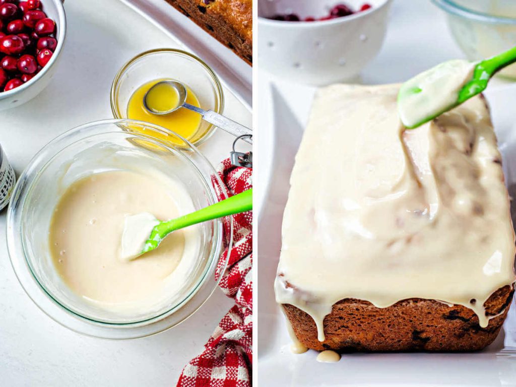 spreading glaze on a cranberry orange loaf. with a rubber spatula