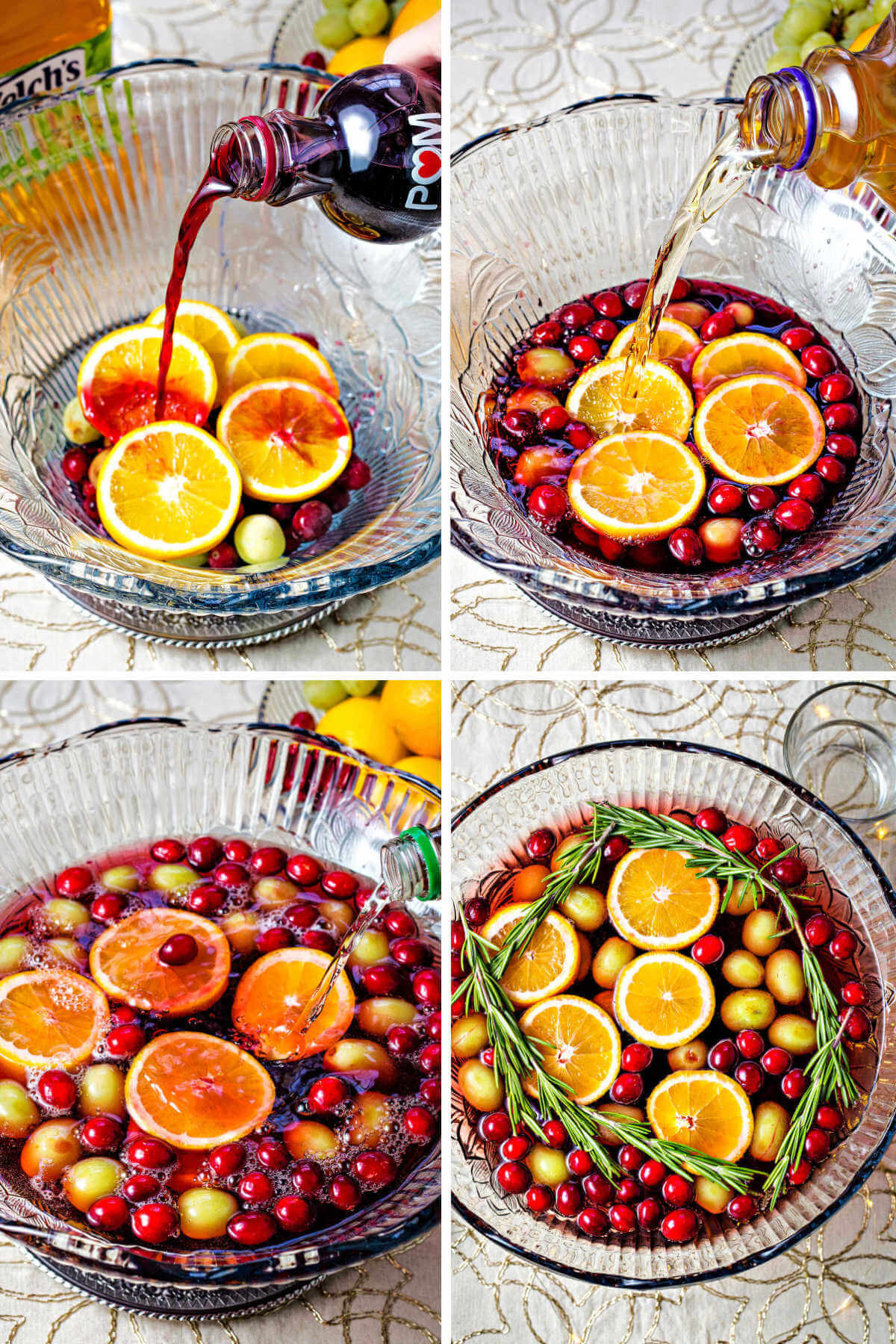 pouring pomegranate juice, white grape juice, and gingerale into a bowl with fruit.