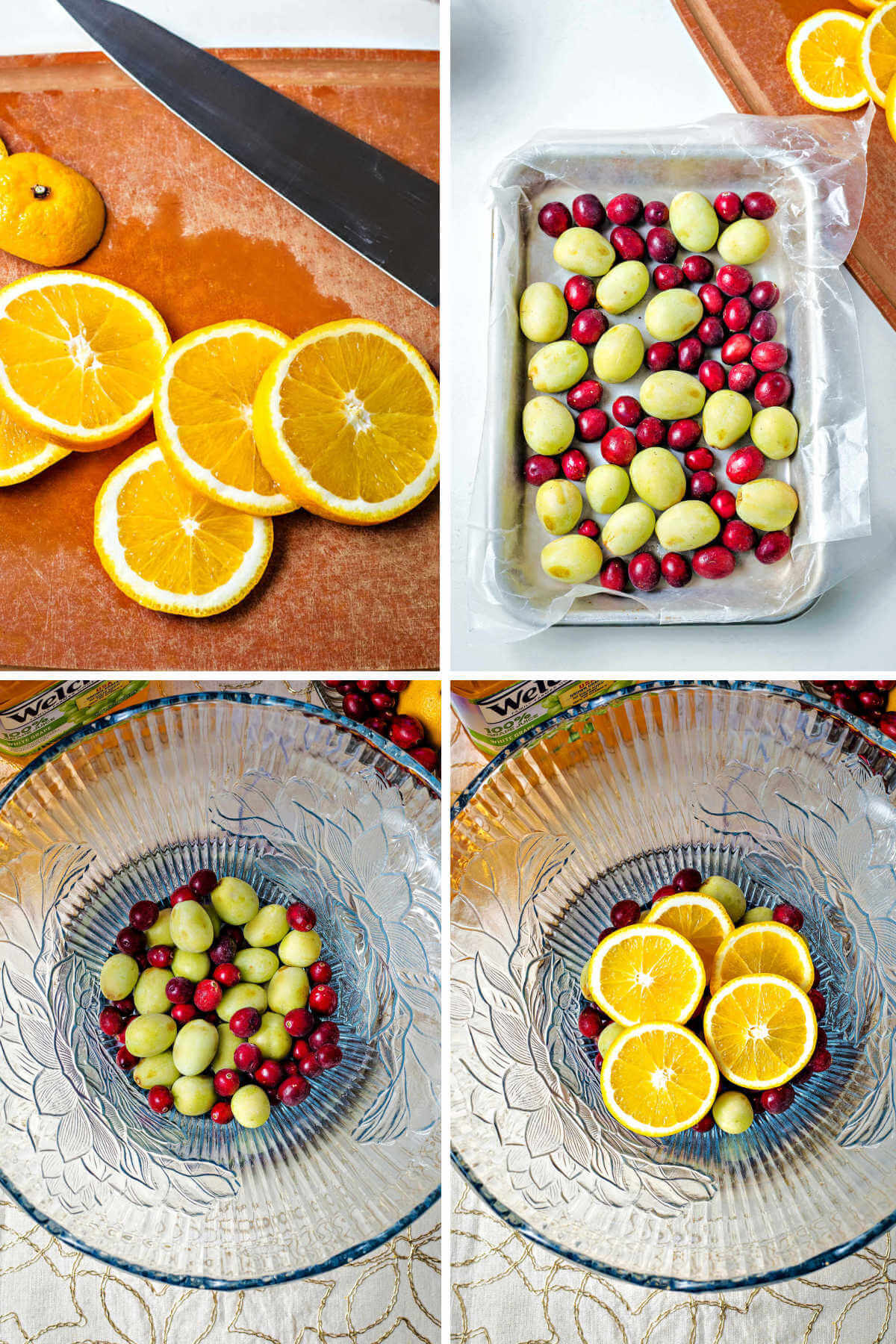 layering frozen grapes and cranberries in a punch bowl for Christmas punch.