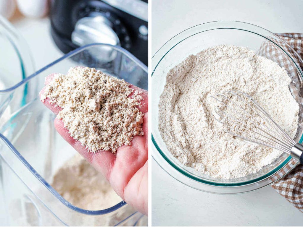 blended oat flour being added to a bowl with all-purpose flour.