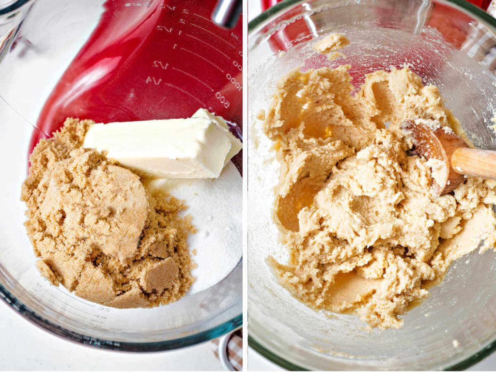 butter, brown sugar, and granulated sugar being creamed together in a stand mixer.
