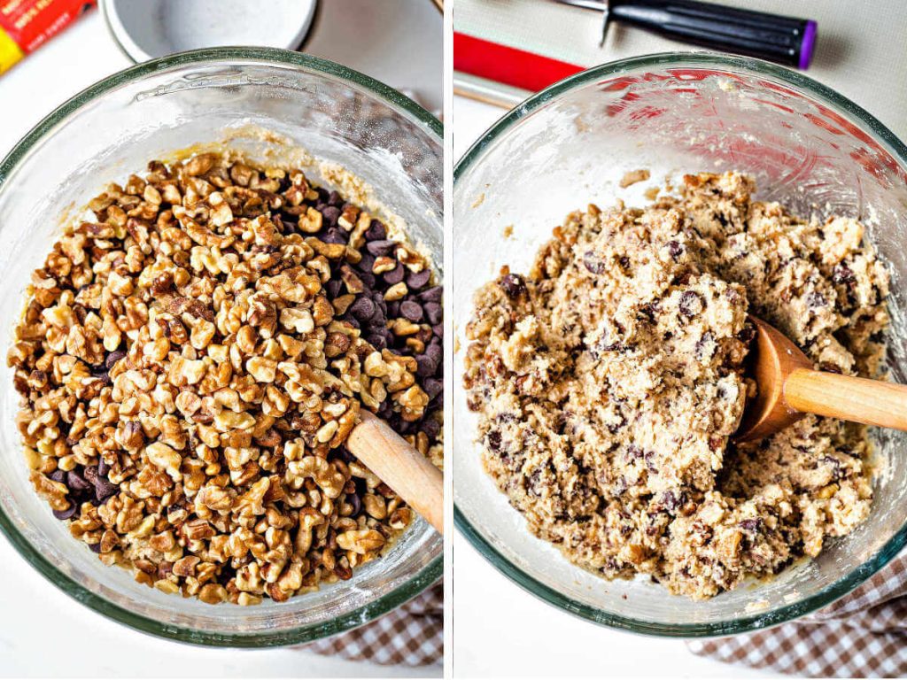a wooden spoon stirring walnuts and chocolate chips into a bowl of cookie dough.