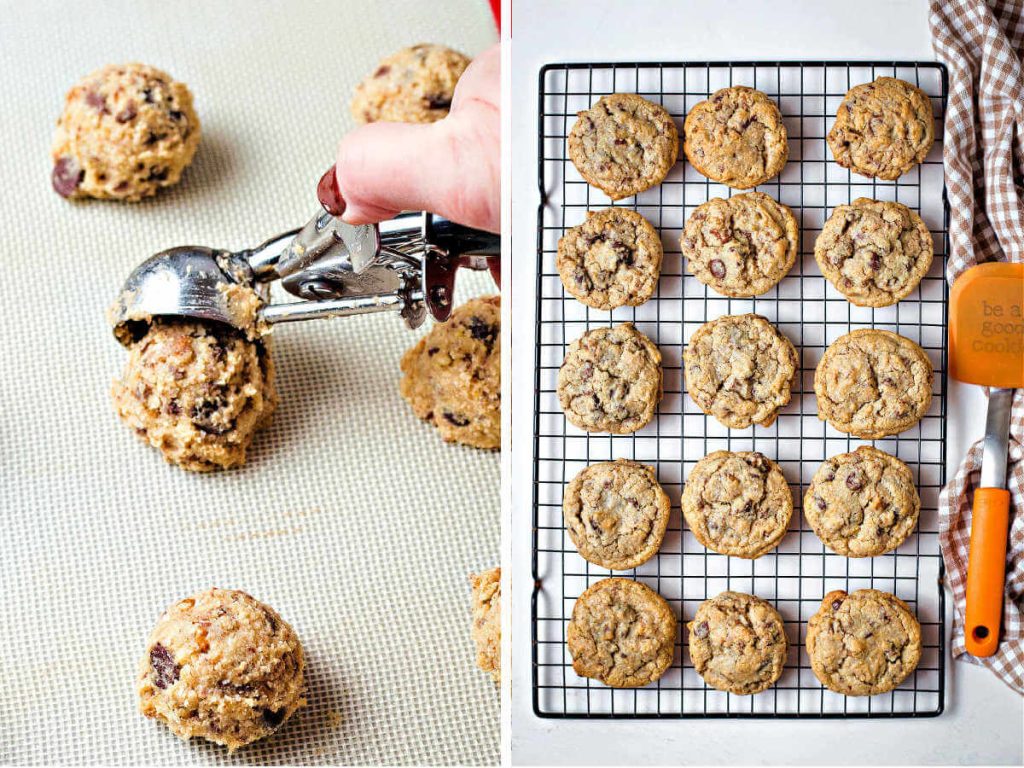 using a scoop to place cookie dough onto baking sheet; Neiman Marcus cookies cooling on a wire rack.