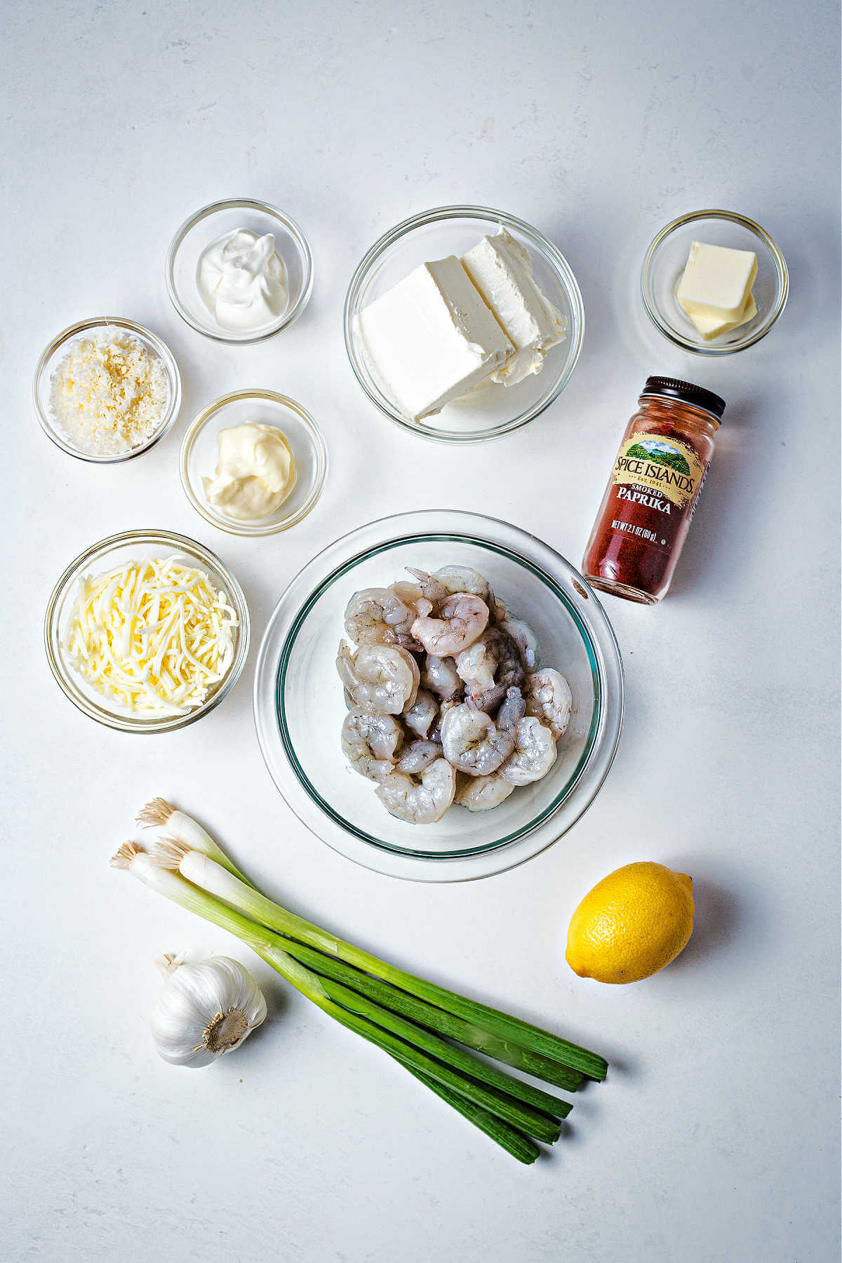 ingredients for shrimp dip on a table.