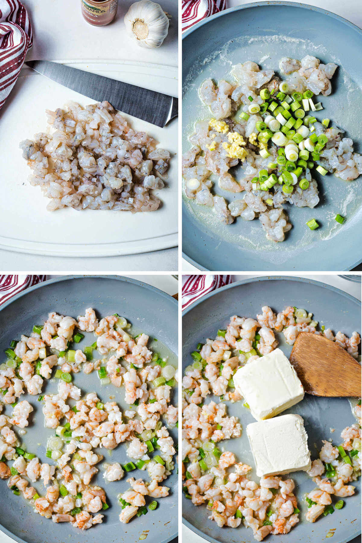 chopping shrimp and then cooking it with sliced onions and garlic in a skillet.