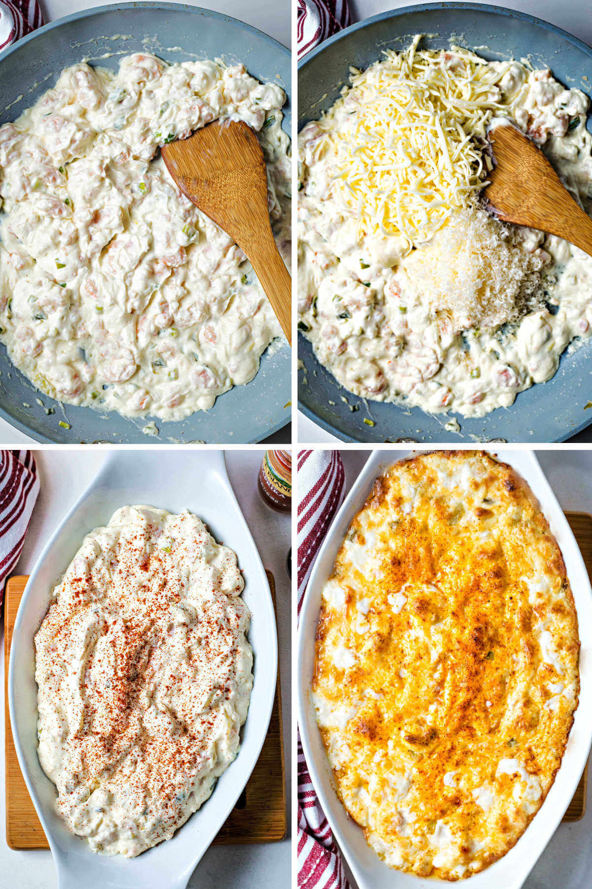 stirring cheese into shrimp in a skillet.