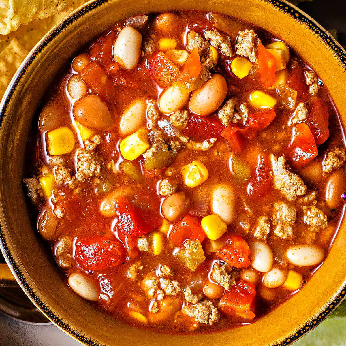 a bowl of taco soup on a table.