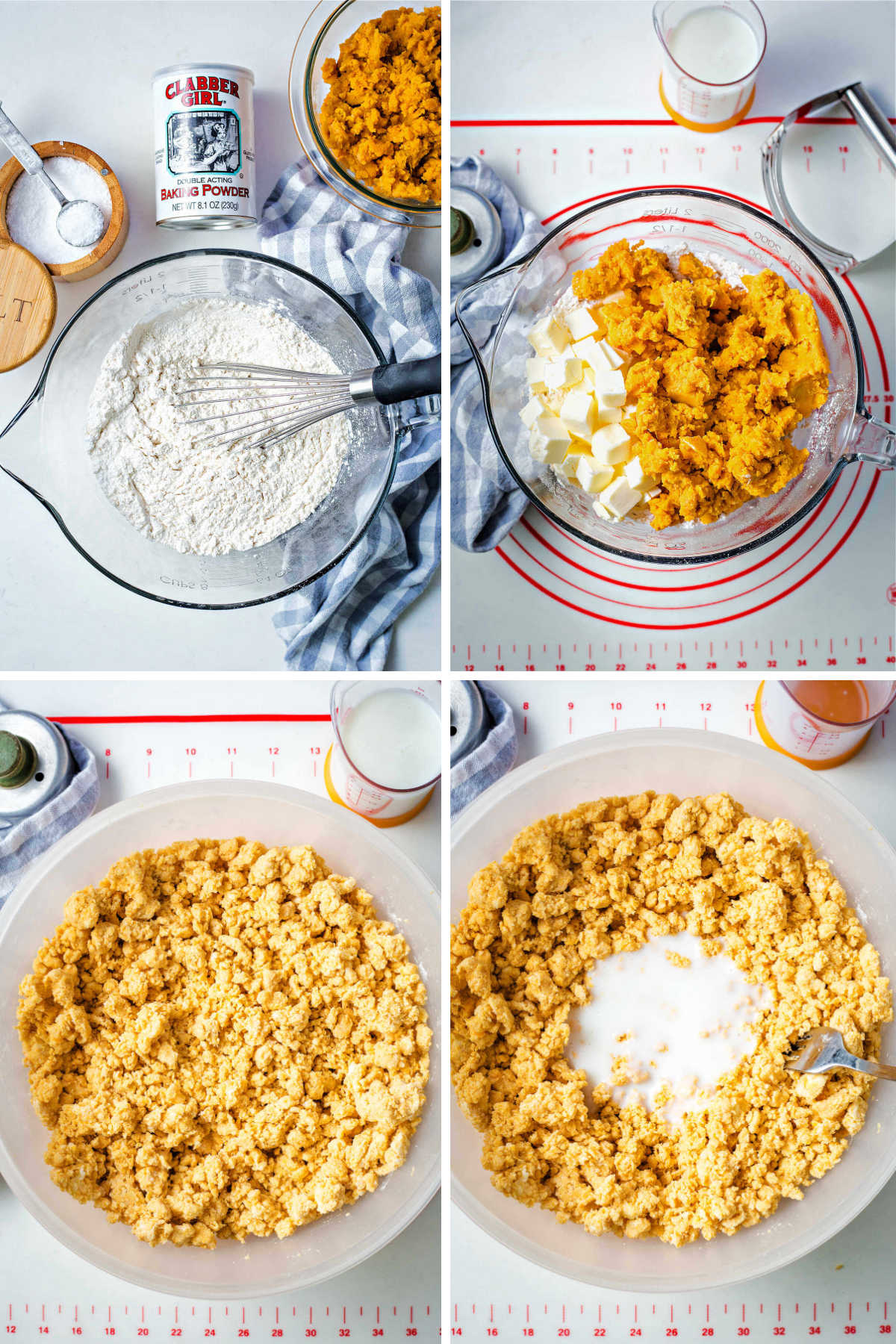 combining ingredients for making biscuit dough in a large bowl.