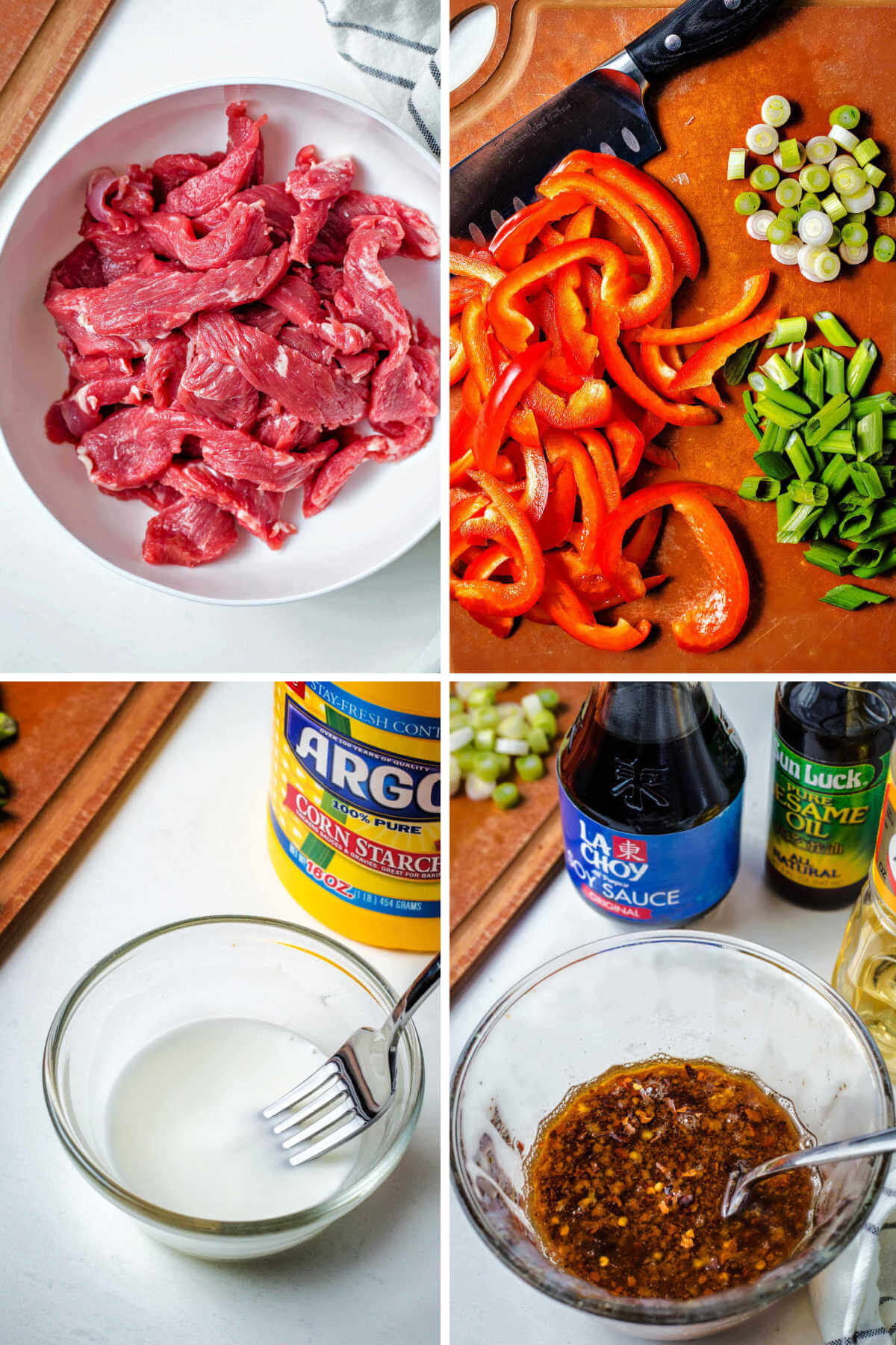 sliced beef and chopped vegetables for stir fry; whisking together the sauce for stir fry in a bowl.