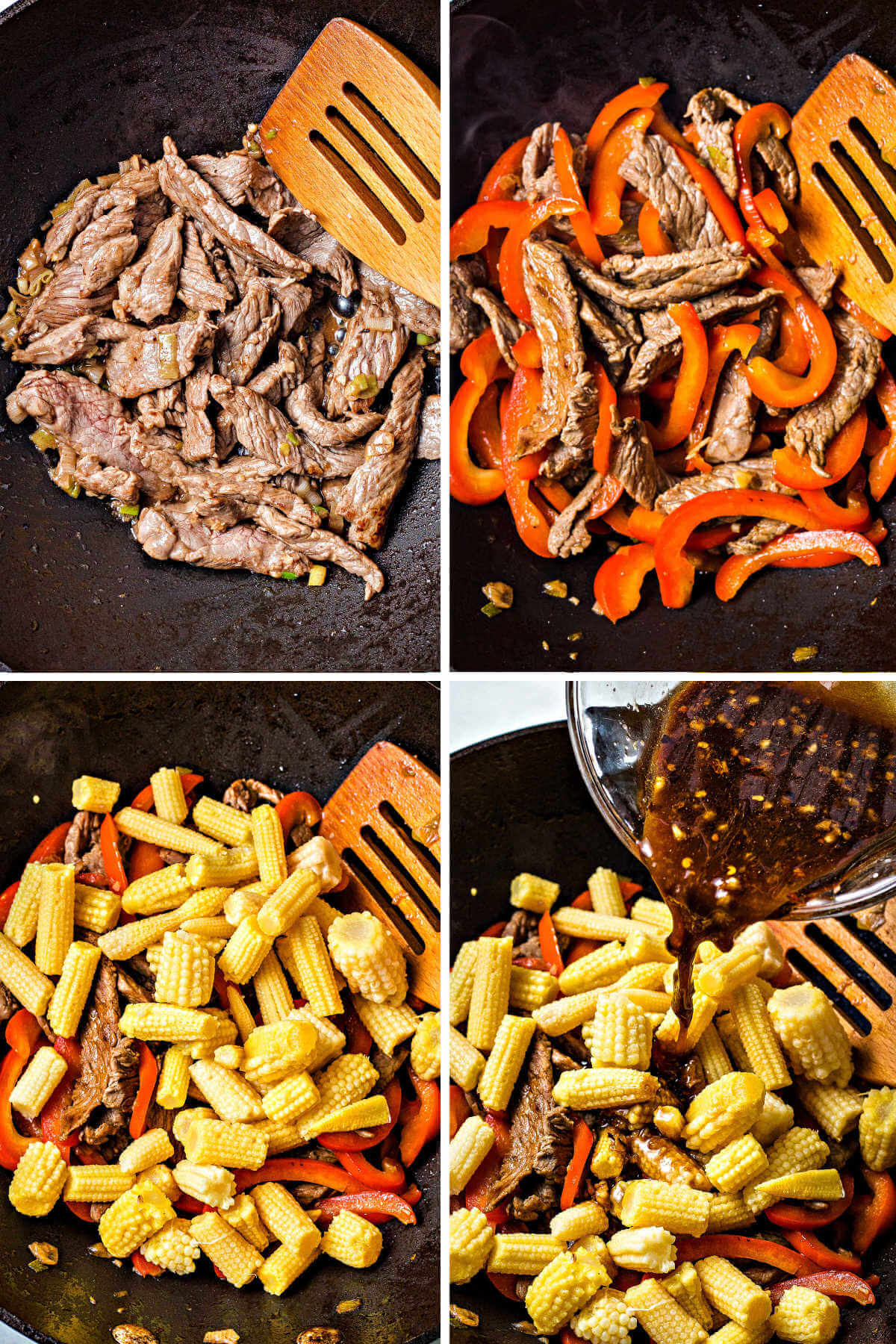 beef, red bell pepper, and baby corn with sauce in a wok.